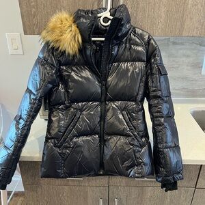 Aqua Shiny Black Puffer Jacket with Faux Fur Hood